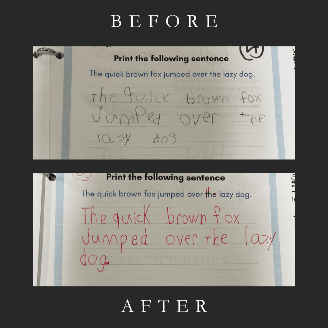 Before and after handwriting sample showing sentence improvement