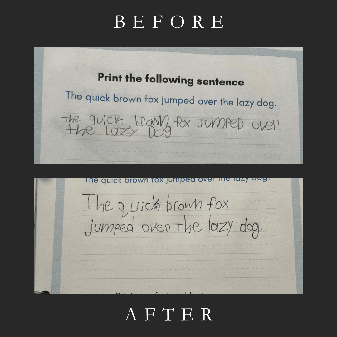 Before and after handwriting sample showing writing improvement