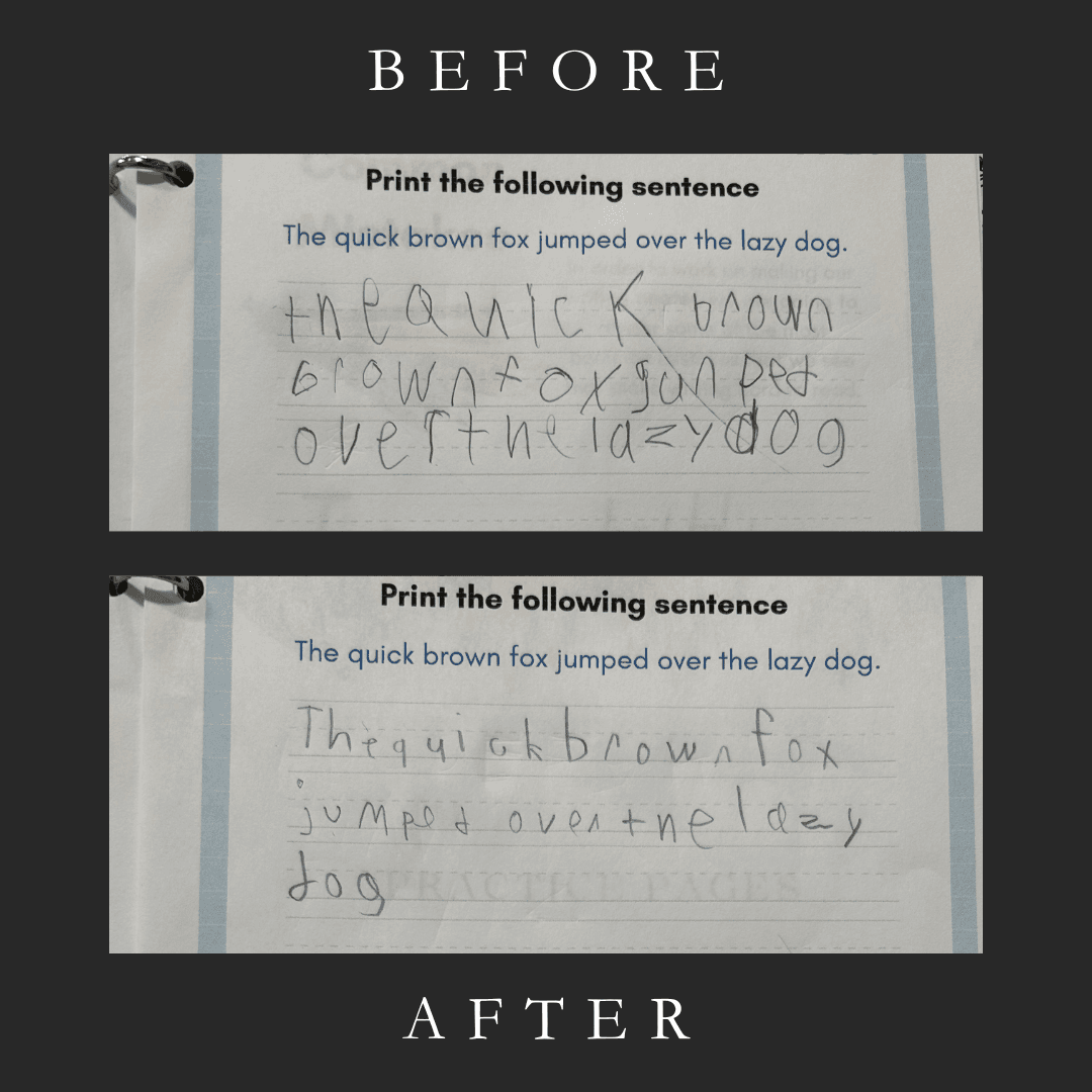 Before and after handwriting sample showing legibility improvement