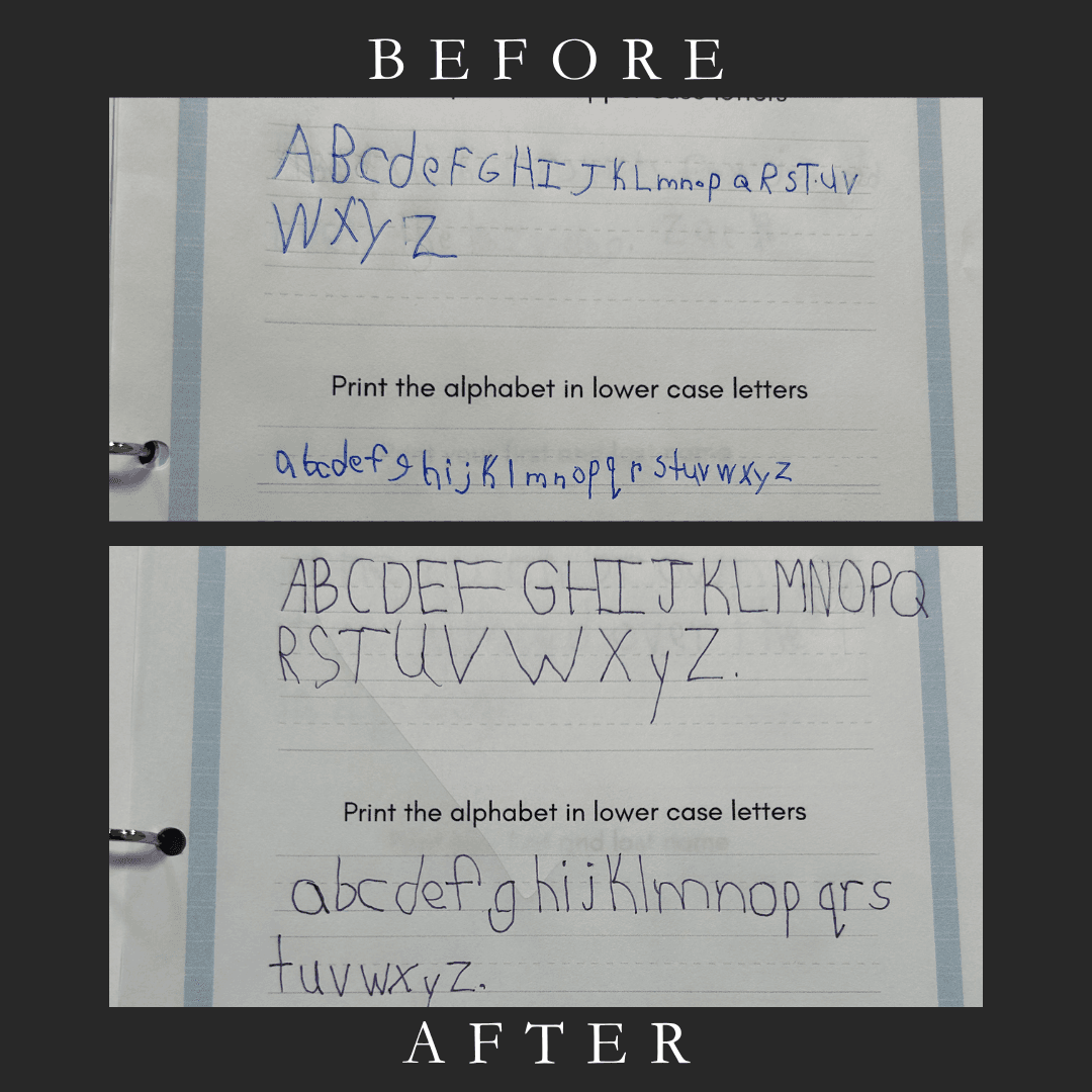 Before and after handwriting sample showing alphabet improvement
